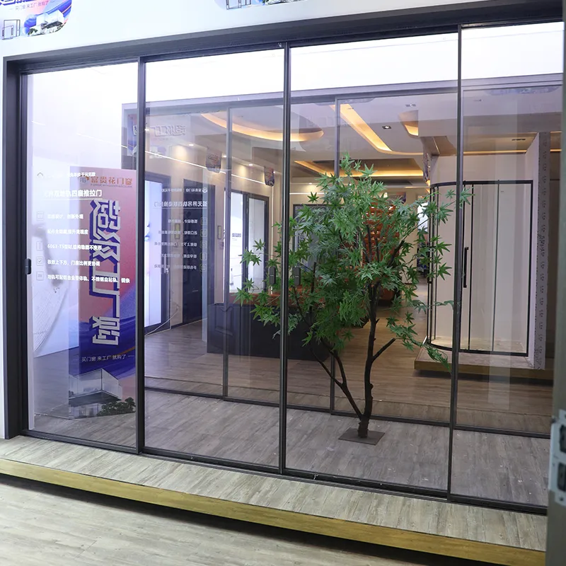 Arc-shaped, borderless, double-track, four-panel sliding door view 10