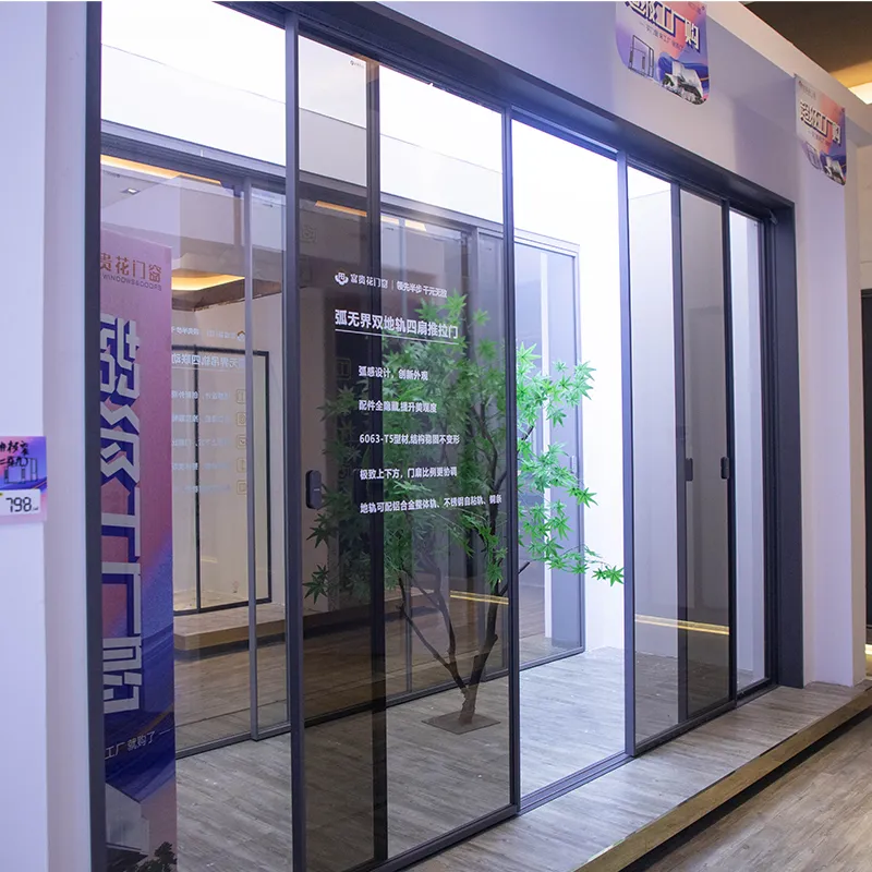 Arc-shaped, borderless, double-track, four-panel sliding door view 2