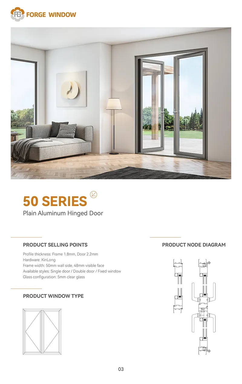 50 SERIES Plain Aluminum Hinged Door features classic hinged design and streamlined aluminum profiles. Sturdy structure ensures long-lasting durability and smooth opening & closing. With reliable sealing performance, it delivers good sound insulation and weather resistance. Simple yet elegant appearance fits perfectly for residential and commercial spaces.