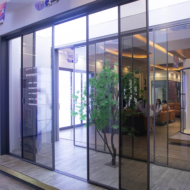 Arc-shaped, borderless, double-track, four-panel sliding door view 3