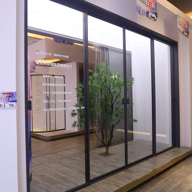 Arc-shaped, borderless, double-track, four-panel sliding door view 4