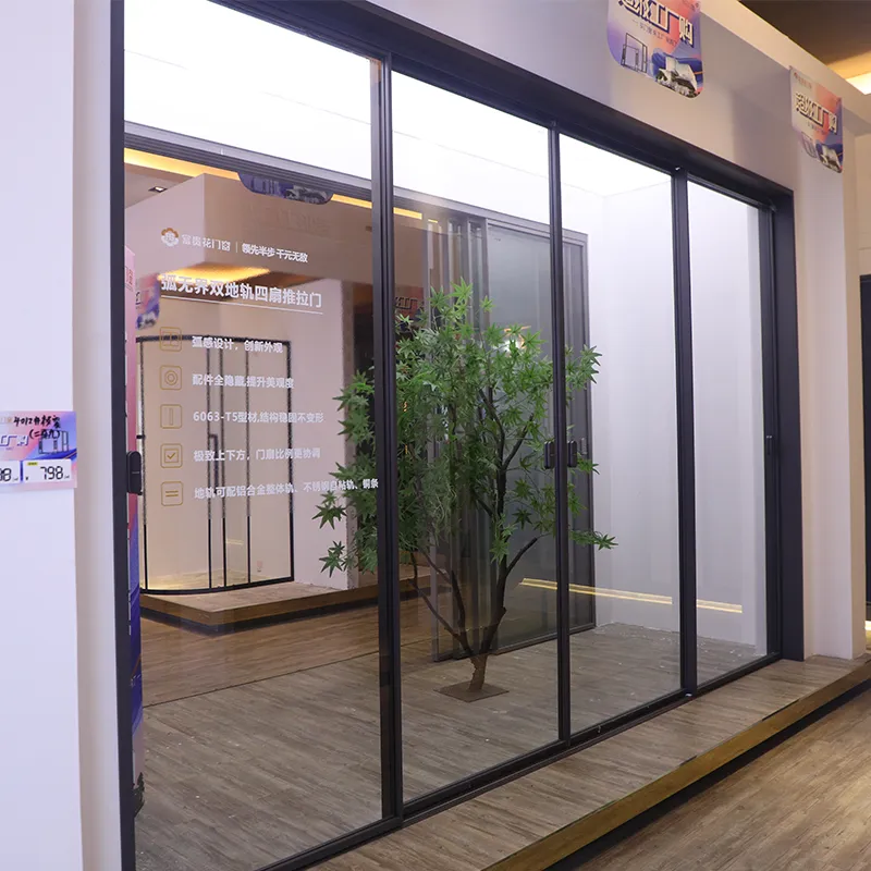 Arc-shaped, borderless, double-track, four-panel sliding door view 4