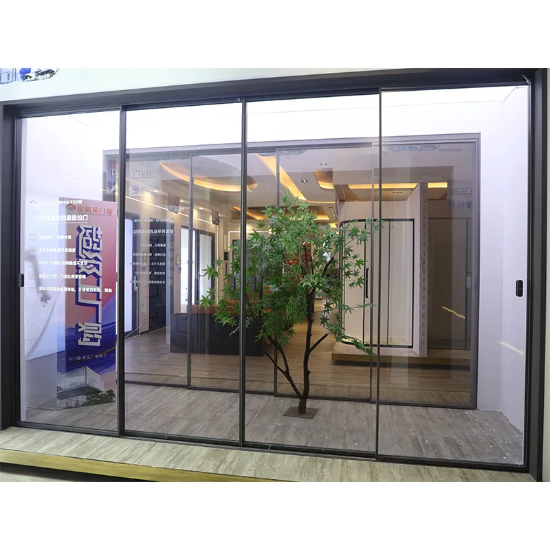 Arc-shaped, borderless, double-track, four-panel sliding door view 8