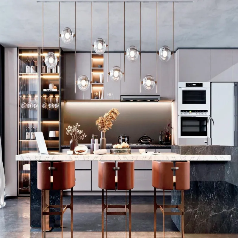 Bronze and Gray Island Kitchen Modern Stainless Steel Cabinets FW-MK-038 custom stainless steel kitchen cabinet design