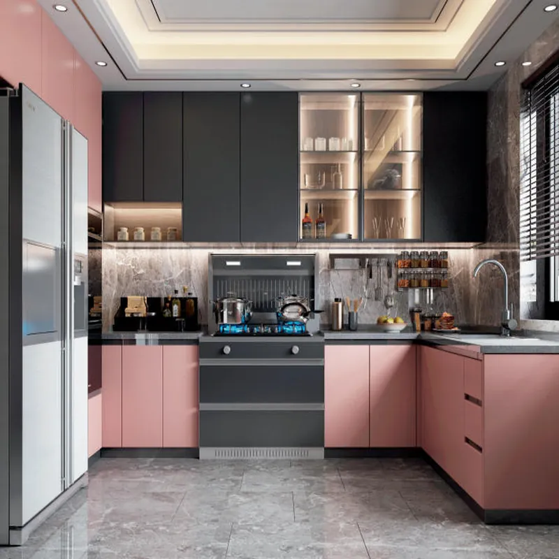 Charcoal and Rose U-Shaped Kitchen Modern Stainless Steel Cabinets FW-MK-011