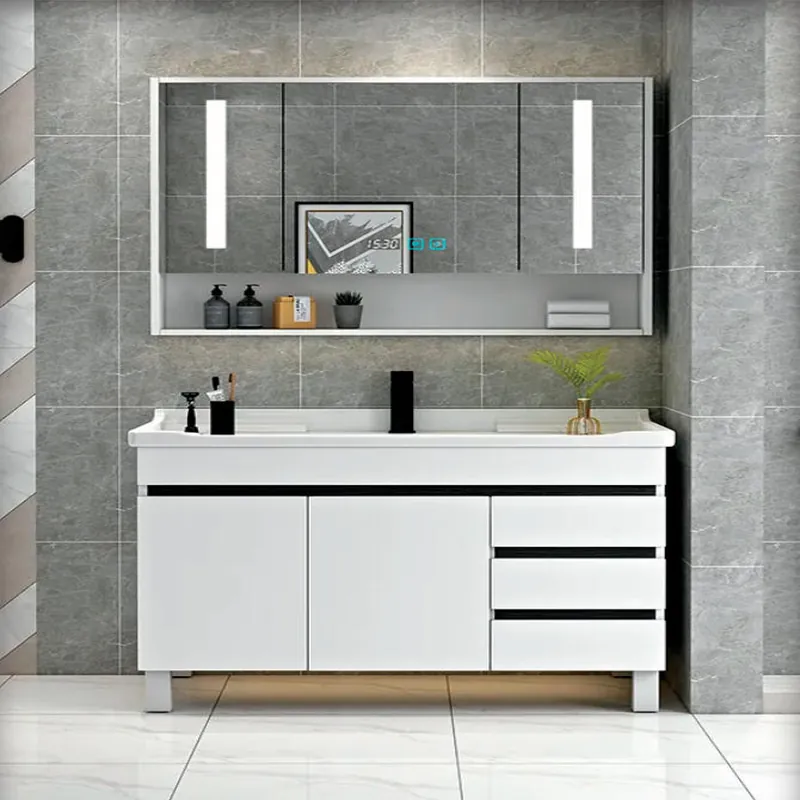Clean White Asymmetric Drawer Bathroom Vanity Custom Stainless Steel Bathroom Vanity FW-BV-017