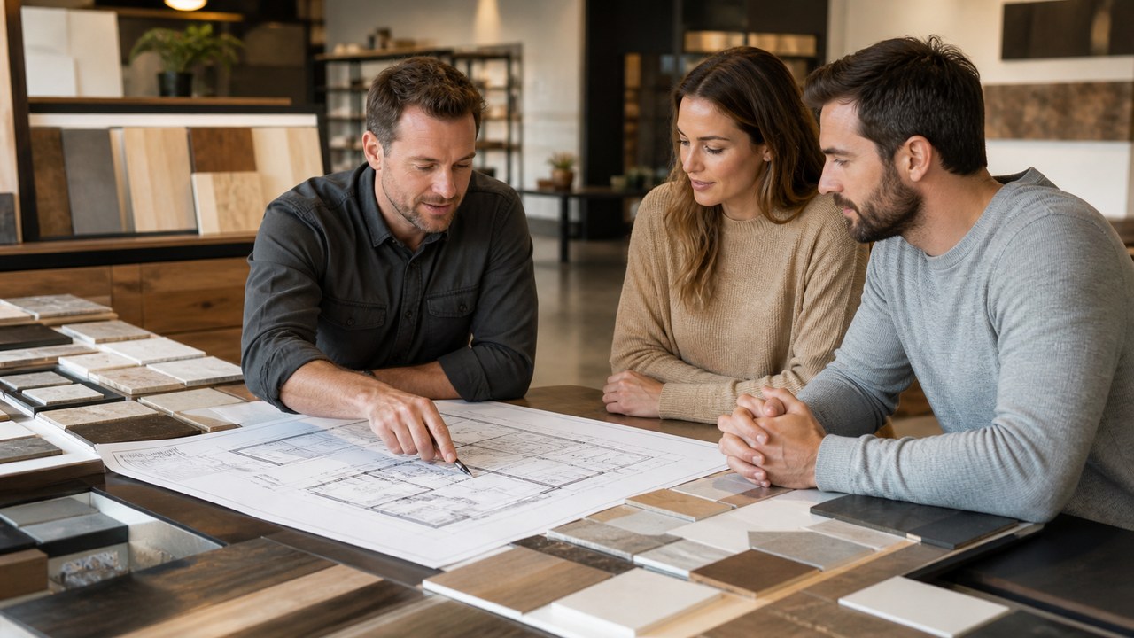 project team and client finalizing the next steps, used to illustrate checks for custom kitchen cabinet pricing