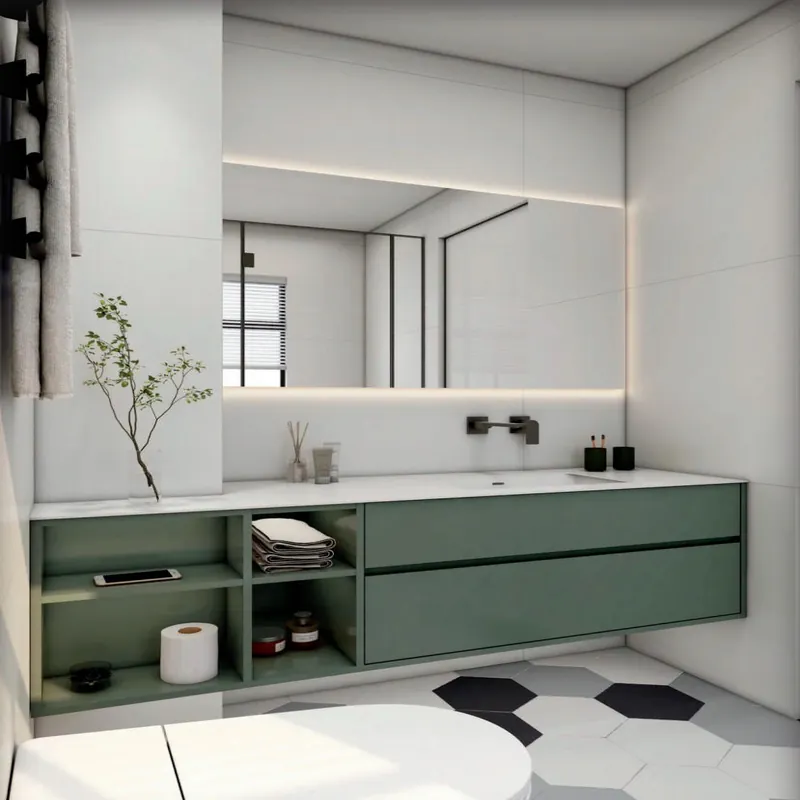 Deep Green Wide Vanity with Mixed Storage Custom Stainless Steel Bathroom Vanity FW-BV-046