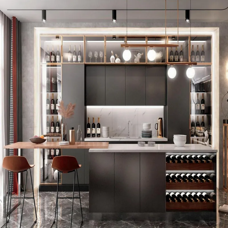Graphite Island Kitchen Modern Stainless Steel Cabinets FW-MK-037 custom stainless steel kitchen cabinet design