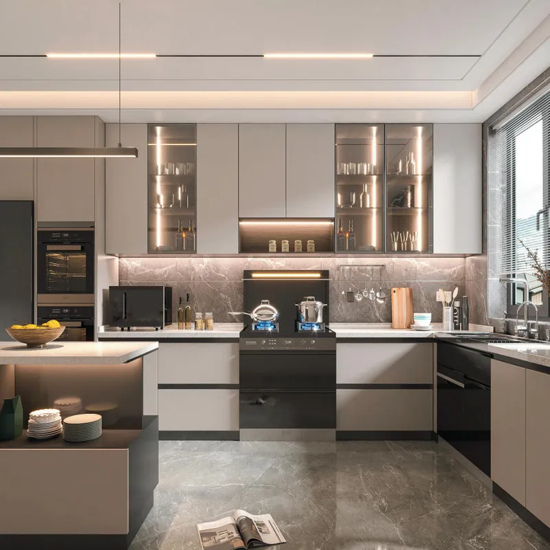 Gray and White U-Shaped Kitchen Modern Stainless Steel Cabinets FW-MK-035