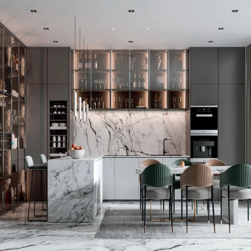 Gray Marble Island Kitchen Modern Stainless Steel Cabinets FW-MK-041 custom stainless steel kitchen cabinet design