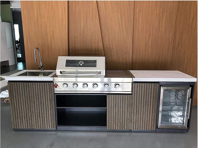 Linear Outdoor Kitchen with Grill and Refrigerator