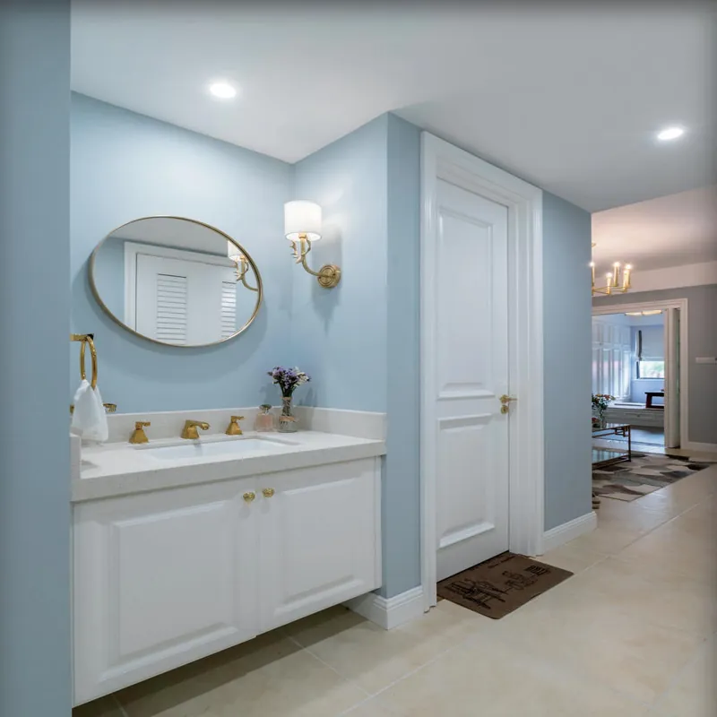 Powder Blue Classic Vanity with Round Mirror Custom Stainless Steel Bathroom Vanity FW-BV-060 by Forge