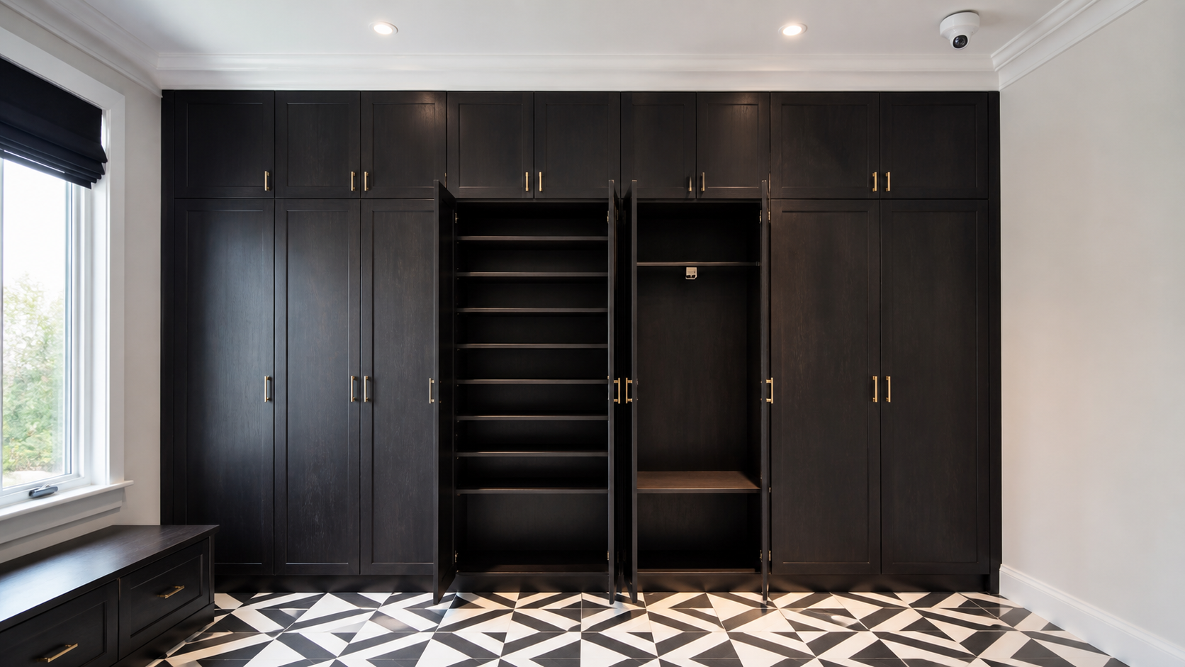 full-wall dark wood wardrobe with open shelves and hanging bays, showing a practical example related to glass wardrobe door design