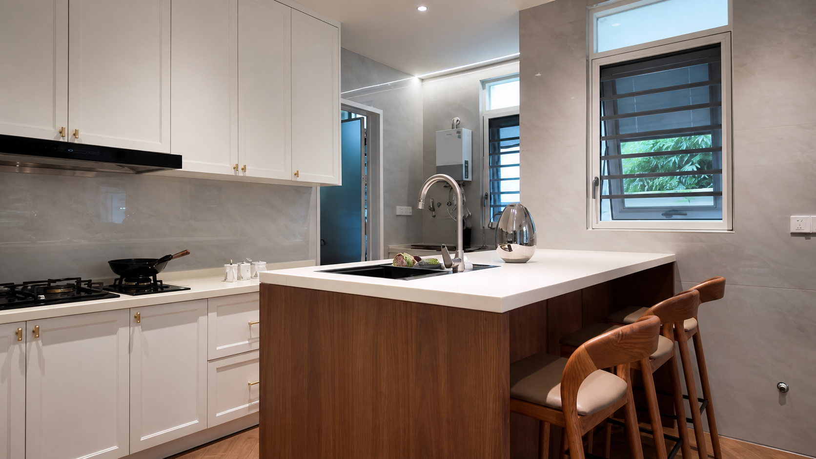 window-side kitchen with sink peninsula and layered storage, showing a practical example related to measurement error responsibility