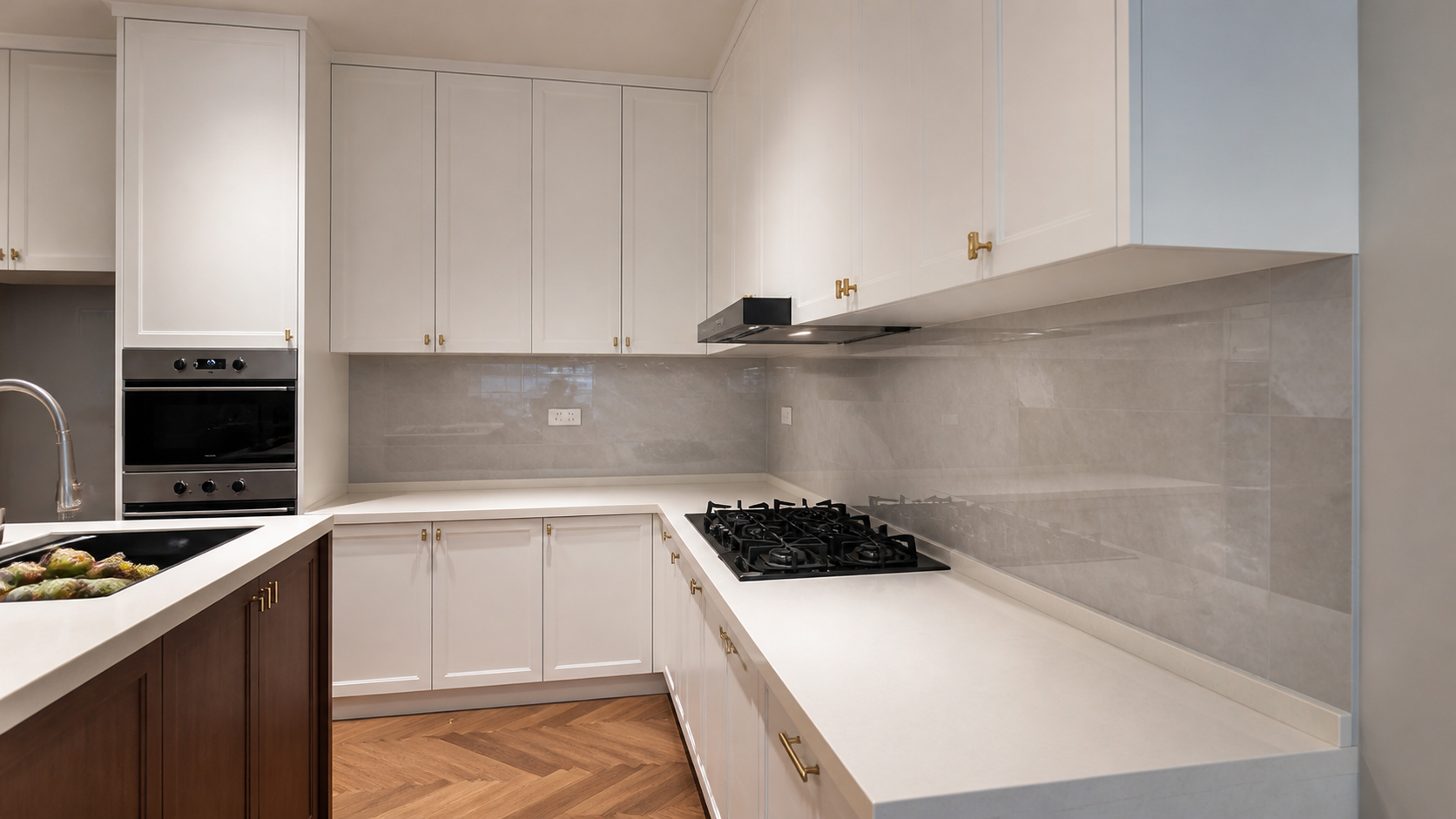 white cooking wall with built-in ovens and coordinated cabinet doors, showing a practical example related to cabinet accessories and pull-outs