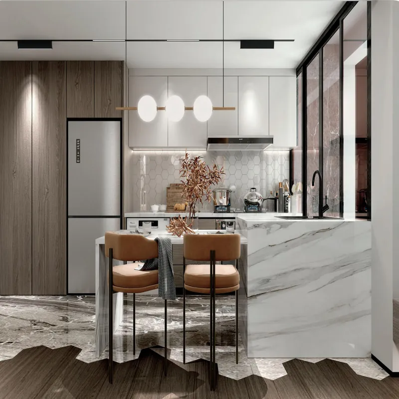 Walnut and Marble Peninsula Kitchen Modern Stainless Steel Cabinets FW-MK-039 custom stainless steel kitchen cabinet design