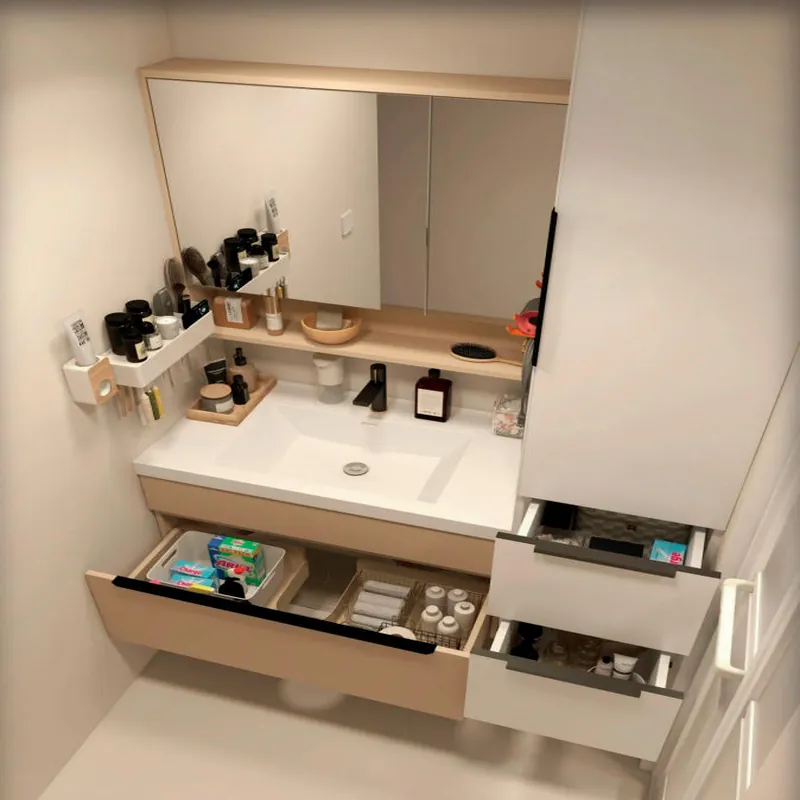 Warm Ivory Wall Vanity with Pull-Out Storage Custom Stainless Steel Bathroom Vanity FW-BV-036