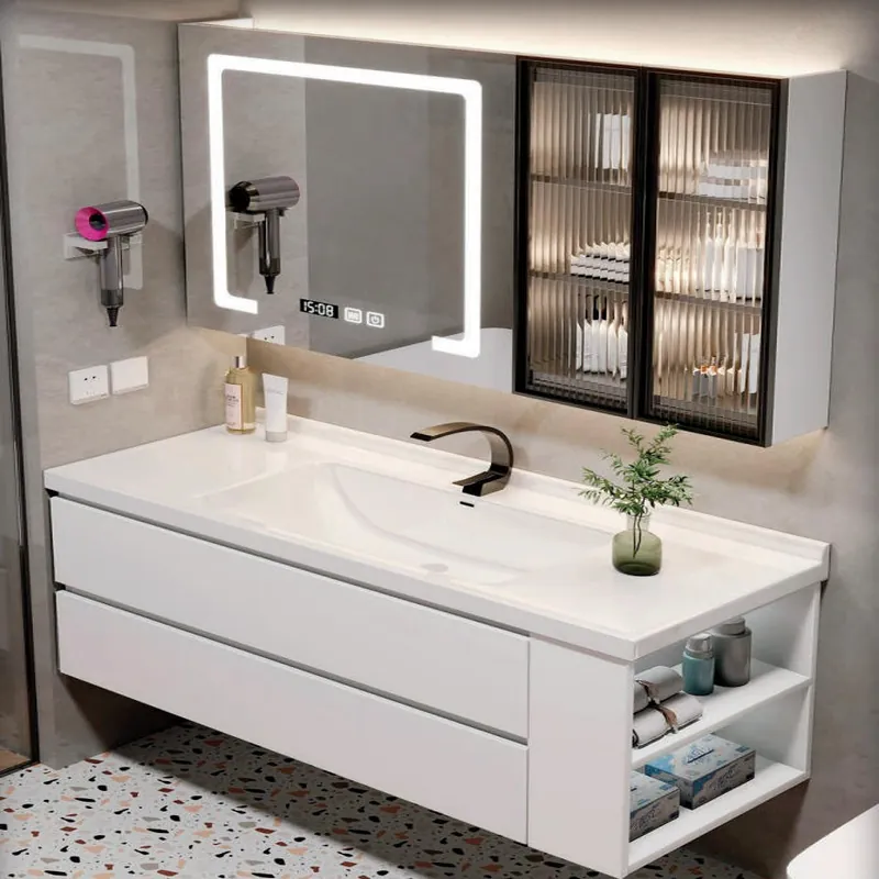 White and Bronze Vanity with Glass Storage Cabinet Custom Stainless Steel Bathroom Vanity FW-BV-026
