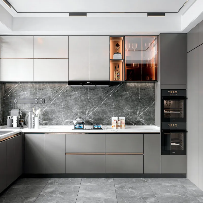 White and Gray L-Shaped Kitchen Modern Stainless Steel Cabinets FW-MK-009