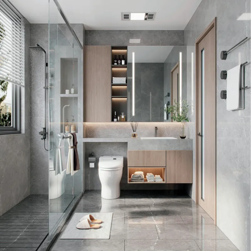 White and Warm Wood Floating Vanity with Open Niche Custom Stainless Steel Bathroom Vanity FW-BV-063 by Forge