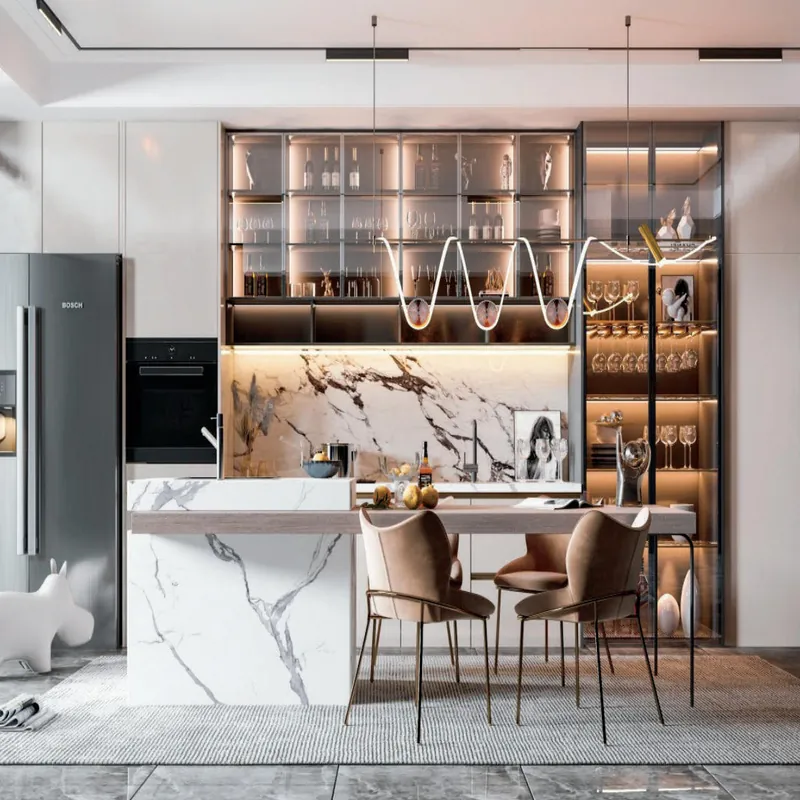 White Marble Island Kitchen Modern Stainless Steel Cabinets FW-MK-040 custom stainless steel kitchen cabinet design