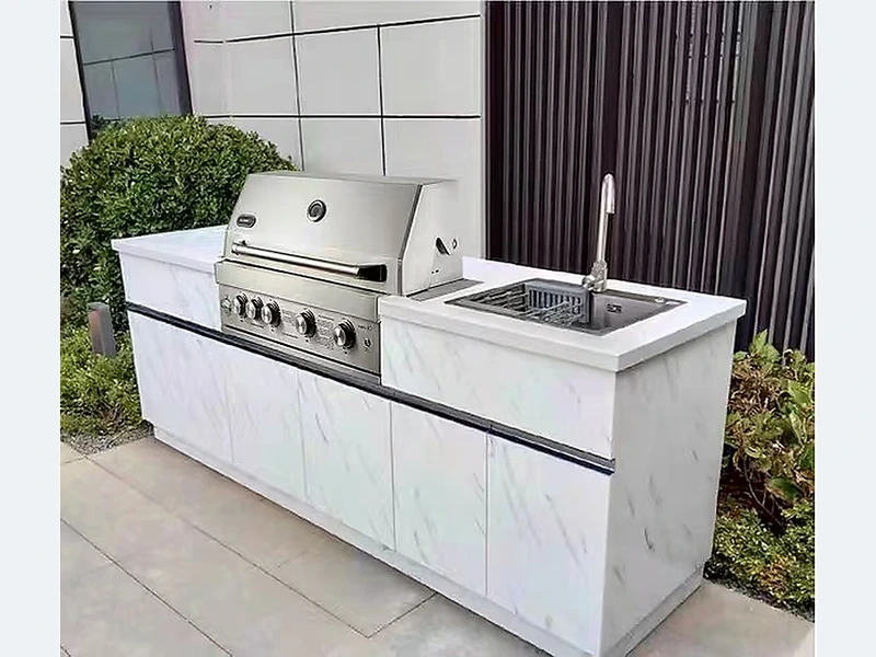 White Marble-Look Outdoor Kitchen with Grill and Sink