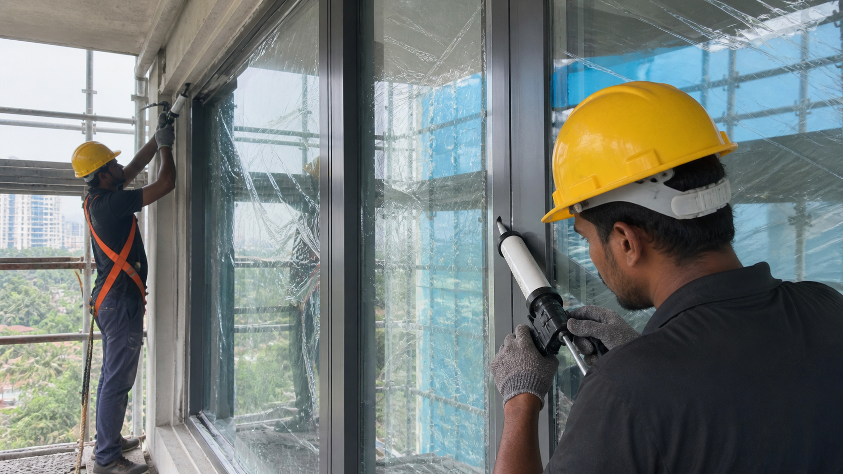 Perimeter sealing and waterproofing around an aluminum window — example related to rain entry diagnosis and continuous drainage