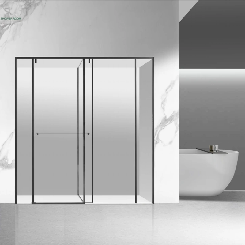 T-shaped glass shower enclosure shown beside a bathtub