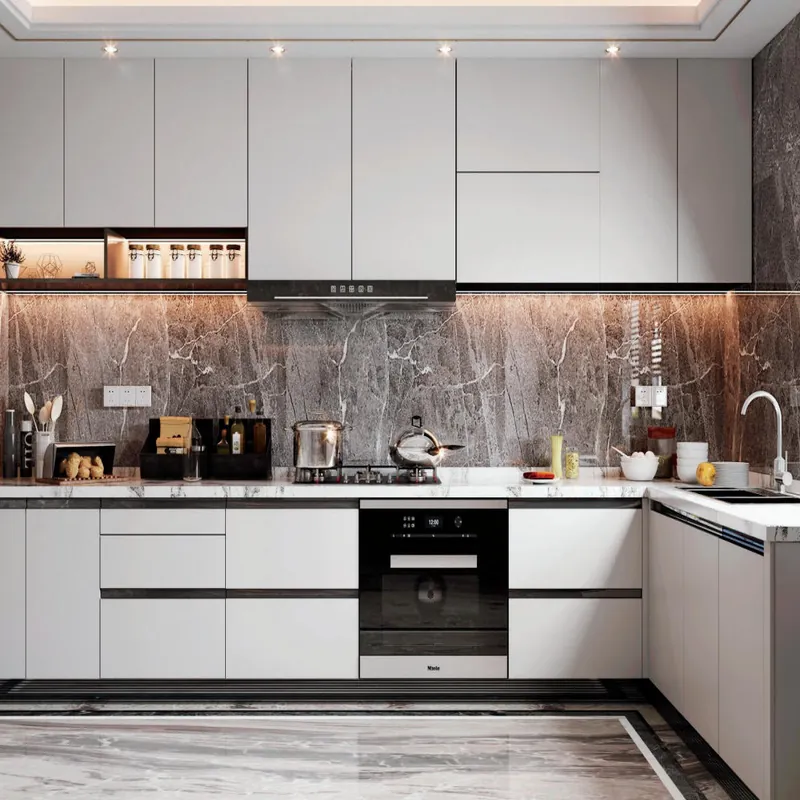 White U-shaped kitchen with base cabinets, worktop and integrated appliances
