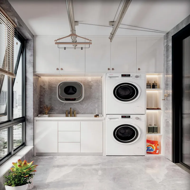 White laundry cabinet wall with sink and stacked laundry appliances