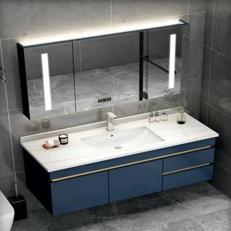 Navy double-basin vanity with drawers and mirrored wall storage