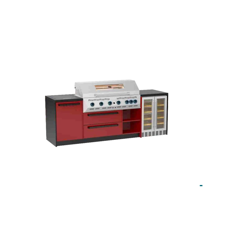 Red outdoor kitchen cabinet run with grill and glass-front refrigerator