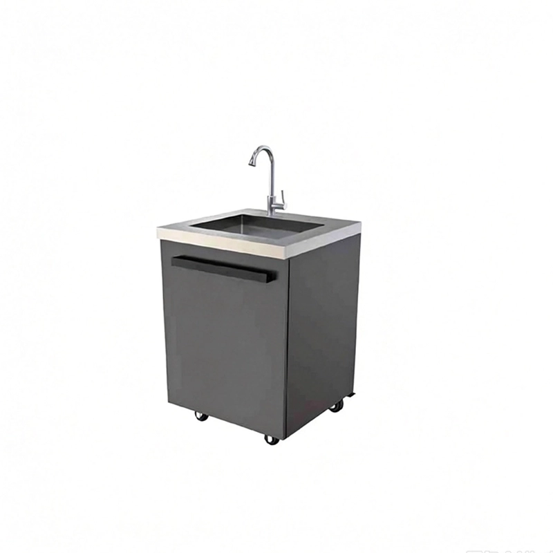 Single-door outdoor sink cabinet with basin and faucet