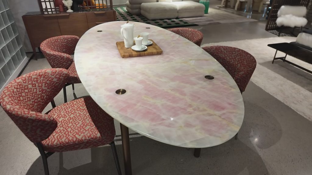 Pink Marble Oval Dining Table and Chairs